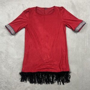 Emma Rose Faux Suede Fringe Tunic Top Womens Medium Red Boho Western Embroidered
